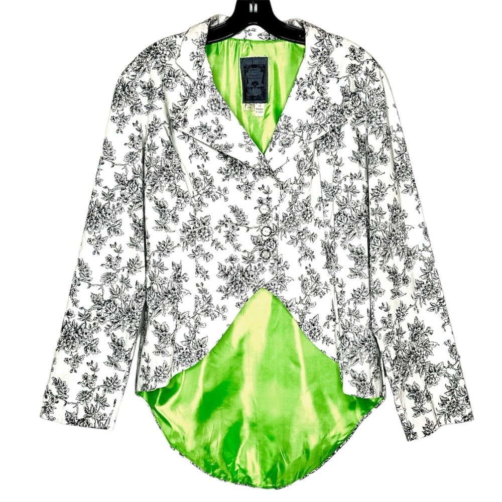 Floral Women’s Jacket Tuxedo Tail White and Black with Vivid Green Lining